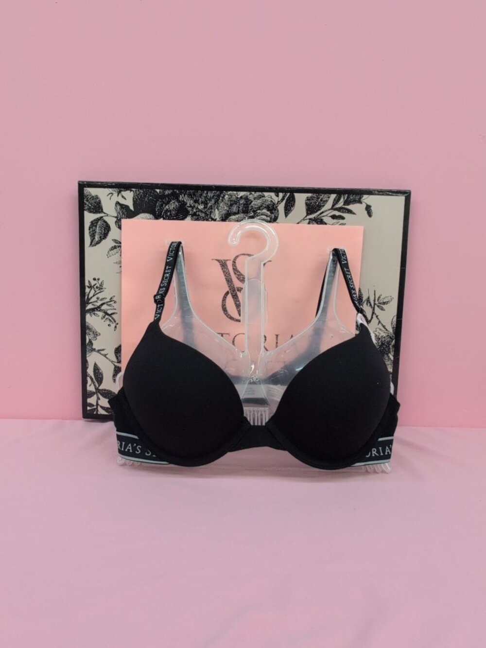 Victoria Secret Cotton Logo Perfect Shape Underwire Push Up Bra 32A Black
